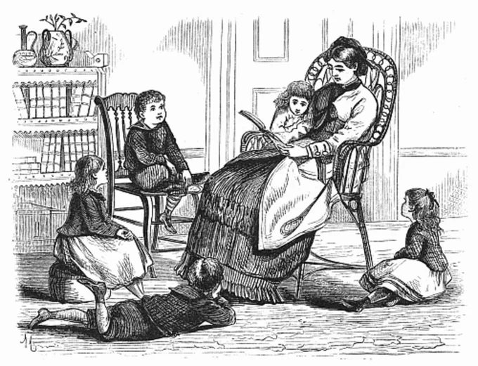 Old-time drawing of a woman reading to several children scattered around her.