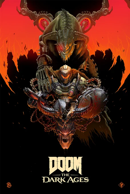Image featuring Serrat the mecha dragon with his wings spanning the top of the image and his metal paw on the shoulder of the Doom Slayer holding his bloody Shield Saw and Super Shotgun. Just below them is the splitting skull of an Agaddon Champion followed by an Imp Stalker. They are all seemingly bound together by metal chains. At the bottom of the image there’s the DOOM: The Dark Ages logo as well as artist signatures, Luke Preece and Billielis.