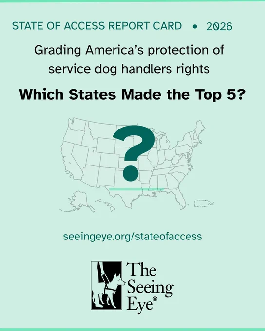 A graphic features a questions mark over the map of the United States, including Puerto Rico, and The Seeing Eye’s logo. Text reads, “State of Access Report Card 2026 – Grading America's protection of service dog handlers rights - Which States Made the Top 5?"