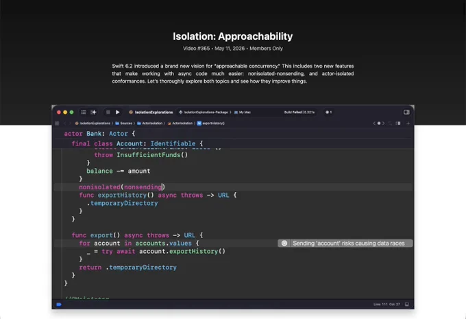 A still from the video showing a use of “nonisolated(nonsending)” in Xcode.