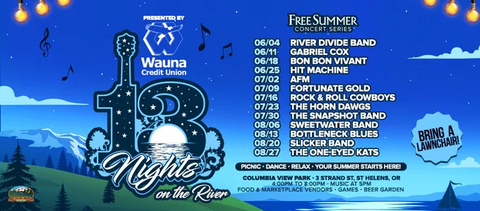 13 Nights concert lineup written out for 2026 with a nighttime scene of a river, mountains, trees, and a green hill. A night sky with string lights. 