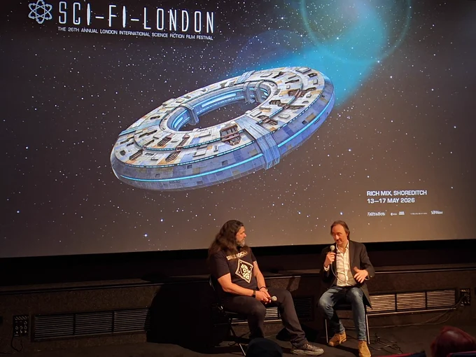 Alexander Milas and Stuart Clark in discussion for the opening nightbfilm at SCI-FI-LONDON 