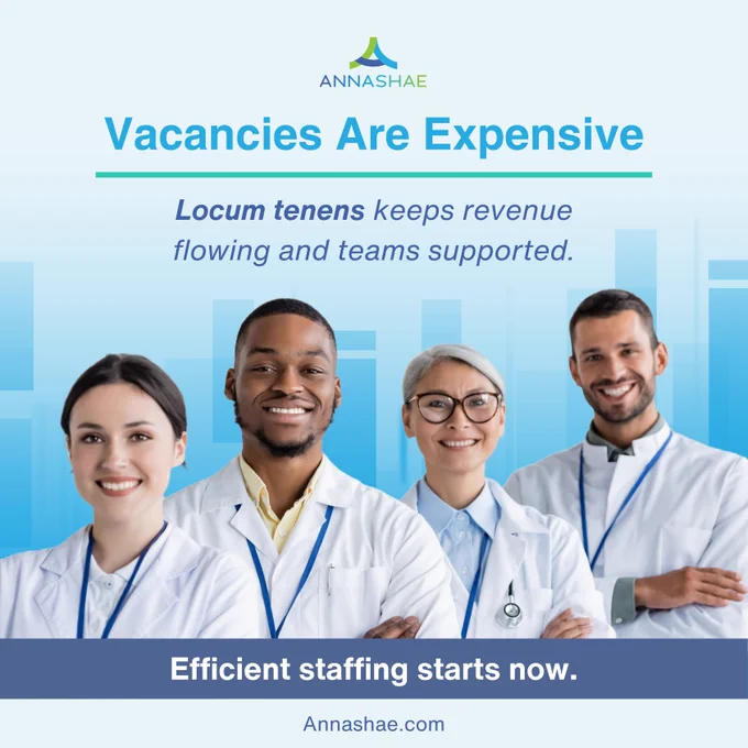 Four diverse healthcare professionals in white coats promoting efficient staffing to reduce costly vacancies.