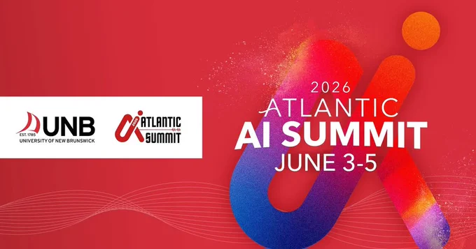 The image is a promotional banner for the 2026 Atlantic AI Summit, taking place June 3-5. It features a colorful, abstract design with a large "AI" and the logo of the University of New Brunswick (UNB) with the text "ATLANTIC AI SUMMIT" on the right side.
