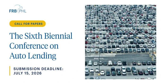 Aerial view of a large parking lot filled with cars. To the left, the text reads "FRB PHL" with the logo, a "Call for Papers" banner, and details about "The Sixth Biennial Conference on Auto Lending." Submission deadline is July 15, 2026.