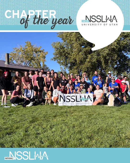 A large group of people gathered outdoors, posing with a "NSSLHA" banner on a sunny day. The background includes a building, a big tree, and a clear blue sky. The image is labeled "Chapter of the Year" for the University of Utah NSSLHA. 