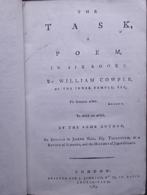 Facsimile of the title page of Cowper's The Task (1785)