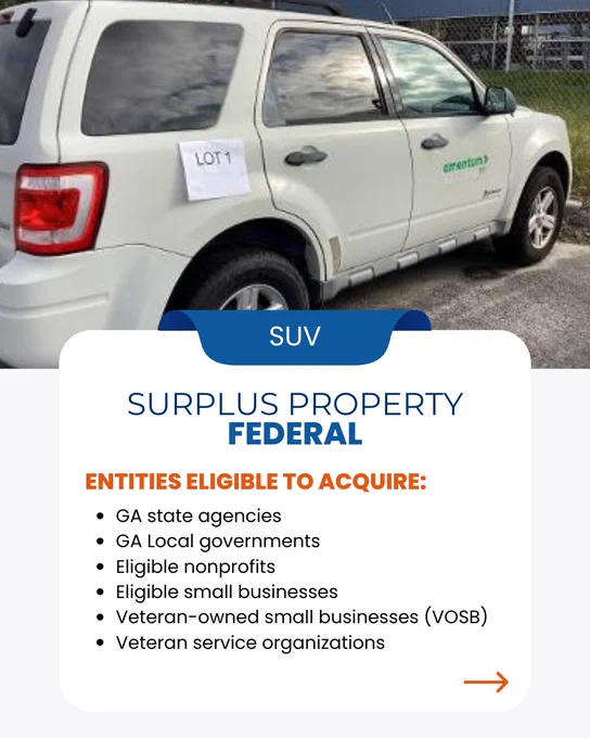 Graphic contains image of a white 2009 Ford Escape. The graphic also contains a list of the type of entities eligible to acquire the item. 