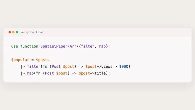Code snippet demonstrating PHP array functions using Spatie Piper library's filter and map for filtering posts based on views.