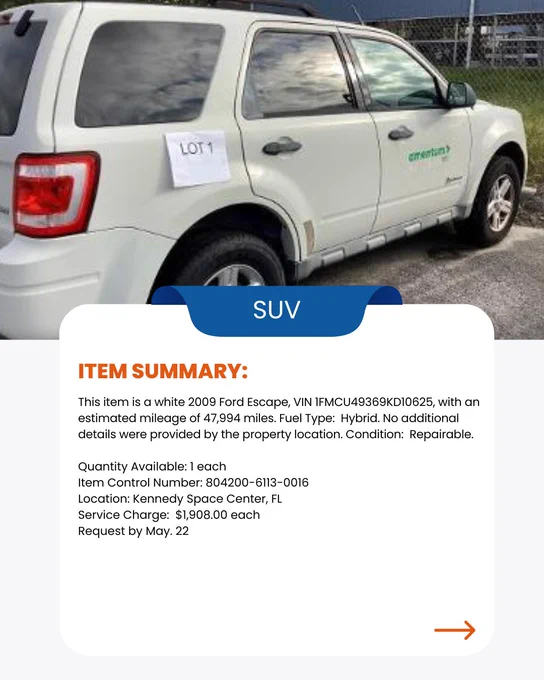 Graphic contains image of a white 2009 Ford Escape. The graphic also contains written information about the item including the price of $1,908.00 and the items location which is Kennedy Space Center, FL. 