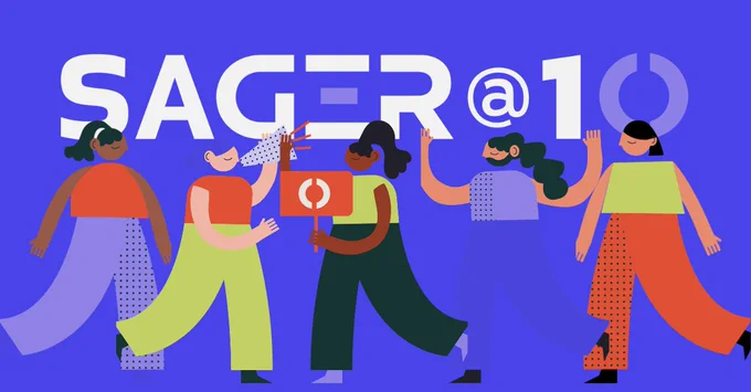 Illustration représentant des personnages, avec le titre « SAGER @ 10 »
