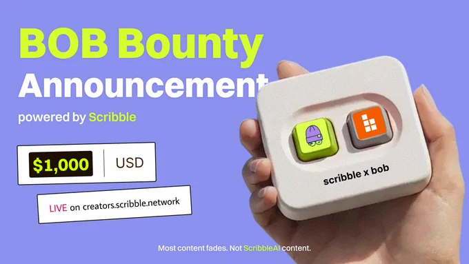 A hand holds a white device with two buttons, one green and one orange, over a purple background announcing a $1,000 bounty.