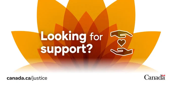 Graphic featuring layered orange petals forming a lotus-like shape in the background. Overlaid text reads: “Looking for support?”. The URL canada.ca/justice and the Government of Canada wordmark are included at the bottom.