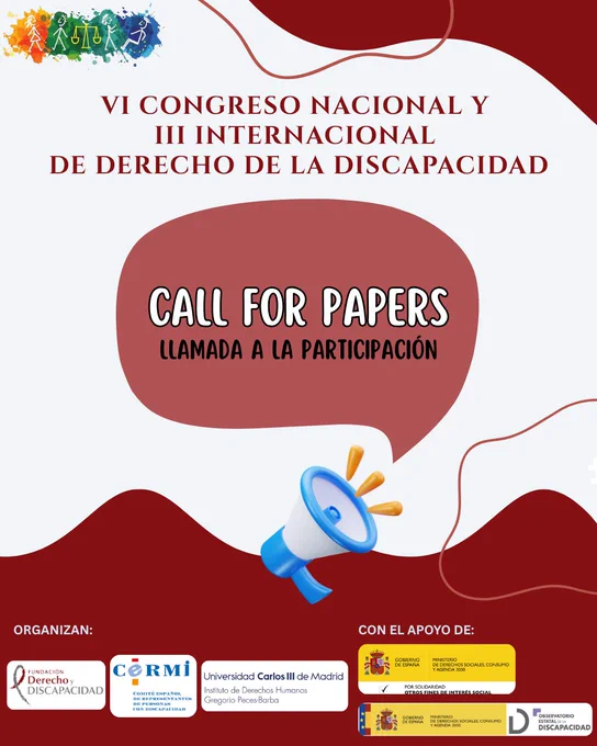 Imagen con diseño en tonos rojos y fondo claro. Incluye un bocadillo con el texto “Call for Papers” y un megáfono ilustrado, junto al logo del Congreso en la parte superior.
