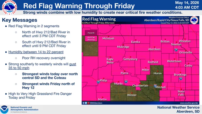 A map of Red Flag Warning counties