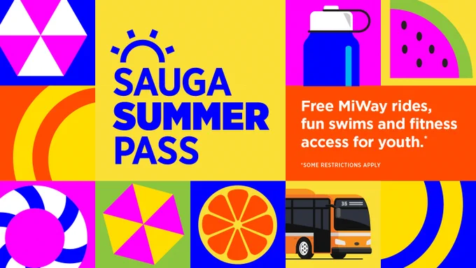 Sauga summer pass creative with a MiWay bus, water bottle and swimming accessories. 