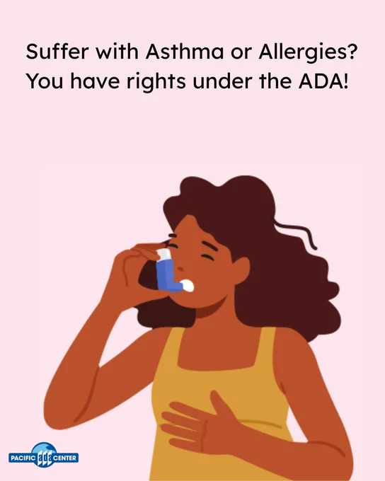 Woman using an inhaler for asthma relief with text about ADA rights for asthma and allergy sufferers.
