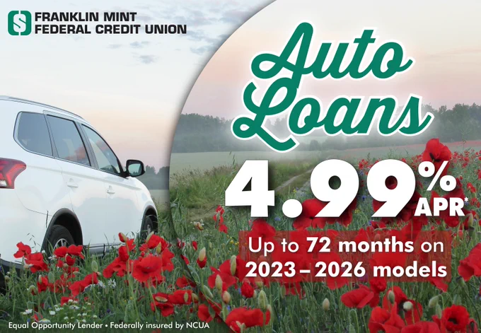 Image of white SUV car in a field of red flowers, FMFCU logo, and text "Auto Loans" in cursive, and below white text reading "4.99% APR* Up to 72 months on 2023-2026 models).