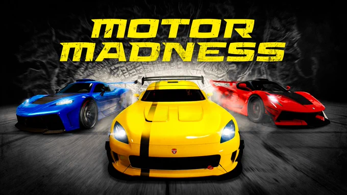 Motor Madness poster featuring three vehicles racing. 