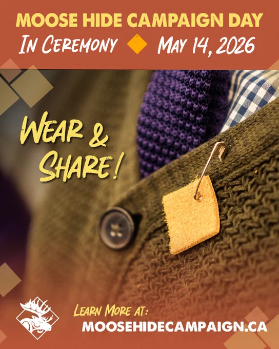 Close-up of a knitted brown sweater with a moose hide tag pinned, promoting Moose Hide Campaign Day on May 14, 2026.