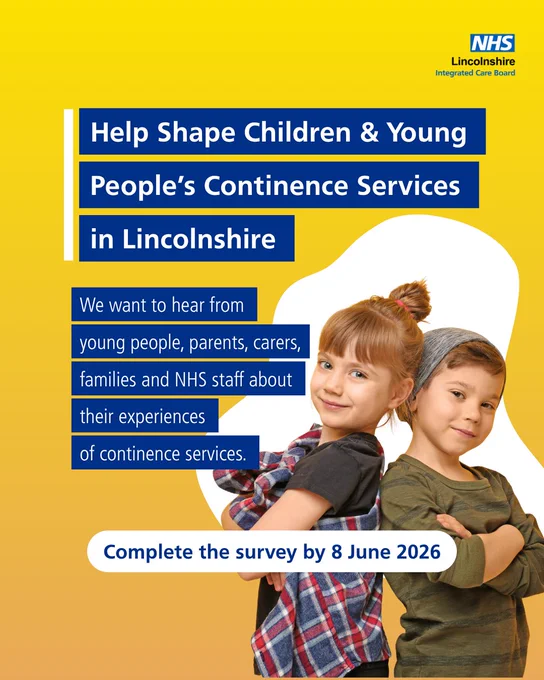 Two children standing back-to-back with arms crossed, promoting a survey on continence services for young people in Lincolnshire by NHS.
