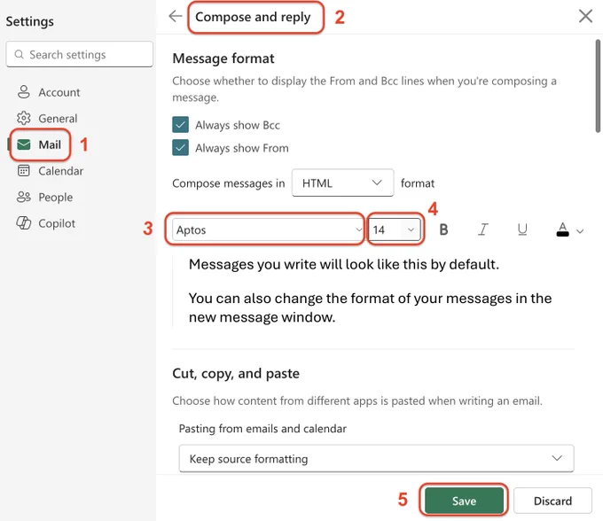 1. Go to our Outlook SETTINGS.
2. Choose Mail
3. Choose COMPOSE AND REPLY.
4. Under MESSAGE FORMAT, make your font a SANS-SERIF font (the ones without the little legs) and make your font size 14.
5. Click SAVE.