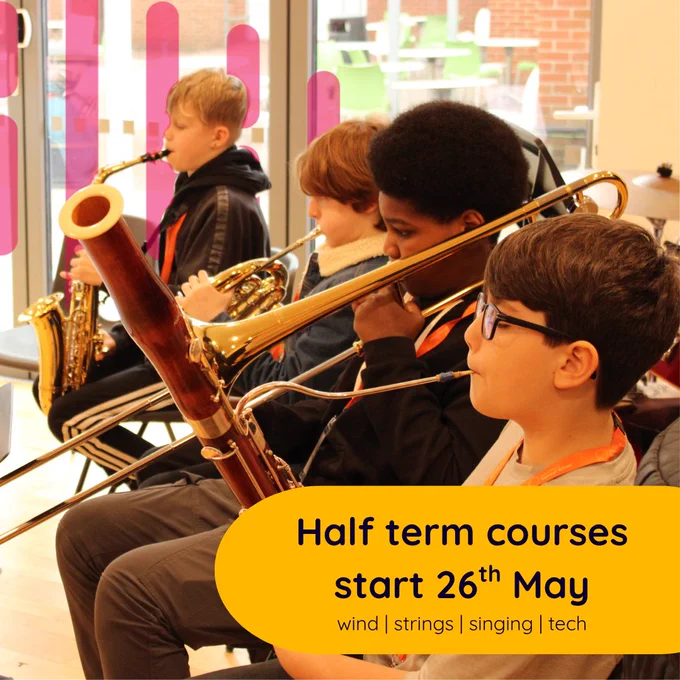 Four young musicians seated indoors playing brass and woodwind instruments during a music class session.
 
Text on a graphic popout reads:
Half Term courses start 26th May
wind | strings | singing | tech