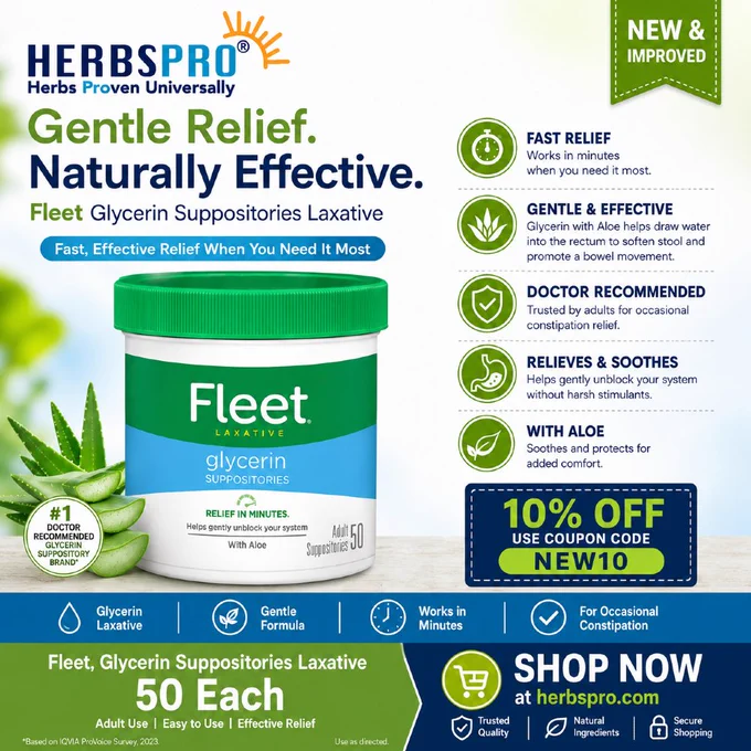 Fleet glycerin suppositories with aloe, gentle, fast relief; doctor‑recommended 50 count. 10% off with code NEW10