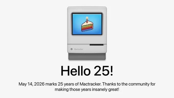 Mactracker icon with cake celebrating 25 years.