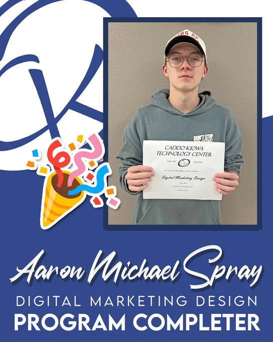 CONGRATULATIONS to Aaron Michael Spray who is a PROGRAM COMPLETER here at CKTC!     He recently completed his Digital Marketing Design certificate.   Great work, sir!  #CKTC | #ProgramCompleter | #OkCareerTech | #MakingADifference 