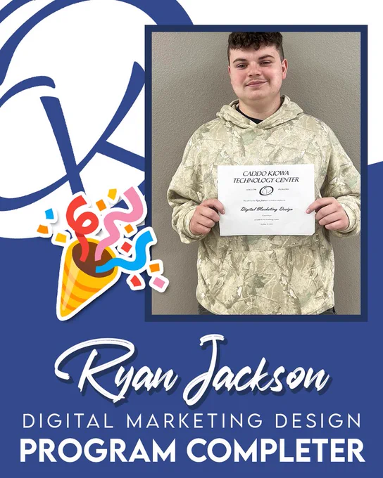 CONGRATULATIONS to Ryan Jackson who is a PROGRAM COMPLETER here at CKTC!     He recently completed his Digital Marketing Design certificate.   Great work, Ryan!  #CKTC | #ProgramCompleter | #OkCareerTech | #MakingADifference 