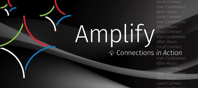 Graphic design with the text "Amplify" and "Connections in Action" on a dark background featuring curved lines in red, blue, and green. Multiple instances of the phrases "Local Connect," "User Conference," and "After Hours" repeat on the right side.