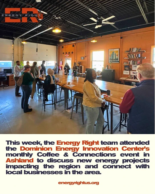 A group of professionals networking at the Dominion Energy Innovation Center event in Ashland. The atmosphere is collaborative, with participants engaging in discussions about regional energy projects.