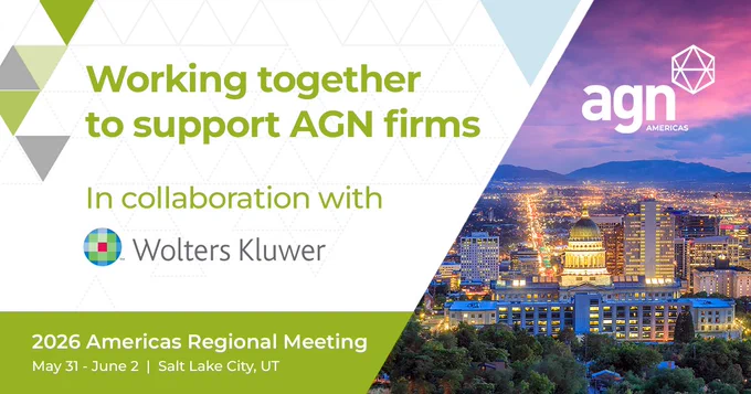 At AGN, we collaborate with organisations that help our firms stay ahead.
From innovative software to trusted insights, Wolters Kluwer helps professionals across industries make informed decisions that shape the future.  — making them a valuable partner for AGN firms)
Learn more: https://www.wolterskluwer.com/en
Connect: https://www.facebook.com/wolterskluwer
Looking forward to connecting at the AGN 2026 Americas Regional Meeting in Salt Lake City.
Regular registration ends today - register now to SAVE $275: https://agn.org/events/2026-americas-regional-meeting/
All registrations close May 16.