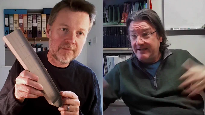 Tom Gorham, left, holding a cardboard model of the Fern Hollow Bridge support, talks with Kent Harries in split screen.