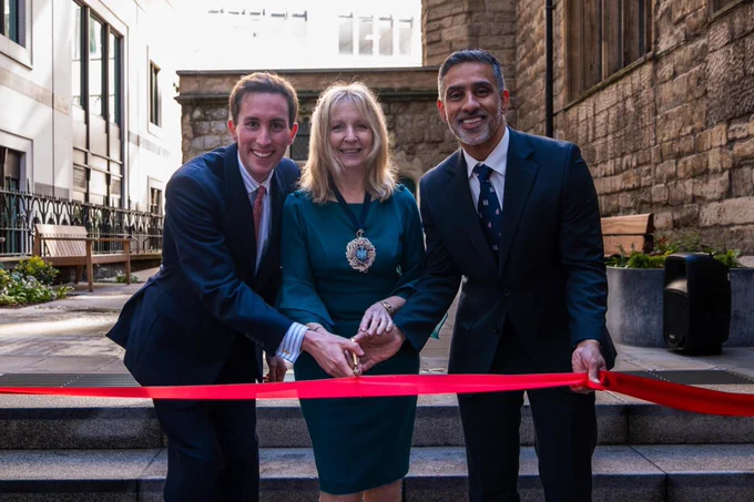 The Lady Mayor of the City of London, Dame Susan Langley with Chair of the City Corporation's Natural Environment Board, James St John Davis at the reopening of St Andrew Undershaft Church Garden.