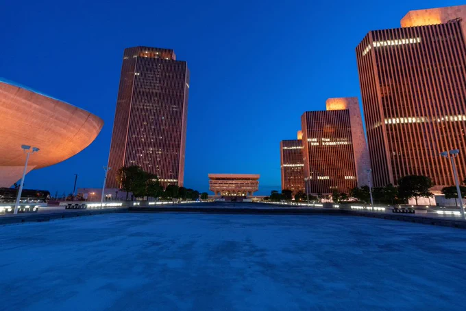 The Empire State Plaza in Albany, NY is illuminated in orange to stand in solidarity with the city of Buffalo. The color orange is used to signifying gun violence awareness.