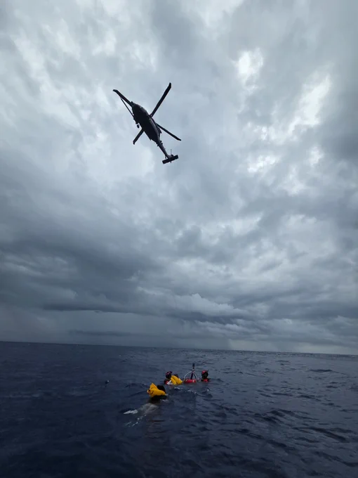 A U.S. Air Force HC-130J Combat King II, HH-60W Jolly Green II helicopter and Pararescuemen assigned to the 920th Rescue Wing conduct rescue operations for survivors of a downed civilian aircraft off the coast of Melbourne, Fla., May 12, 2026. Airmen with the 920th RQW rescued multiple survivors from the water and transported them to awaiting emergency medical personnel. (Courtesy photo by Gwendolyn Kurzen)