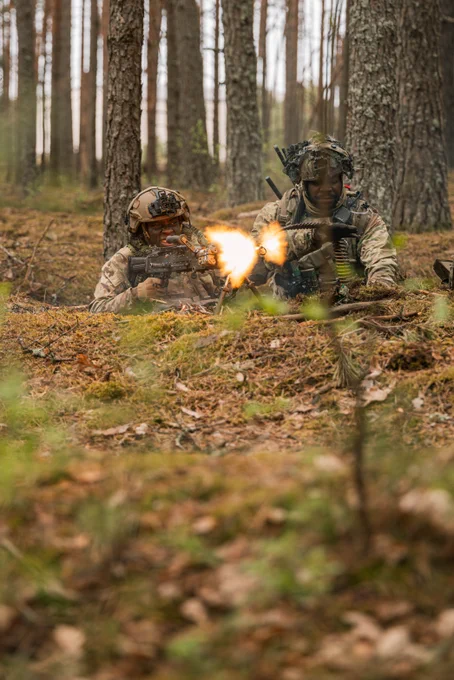 Personnel in a wooded area fire a weapon.