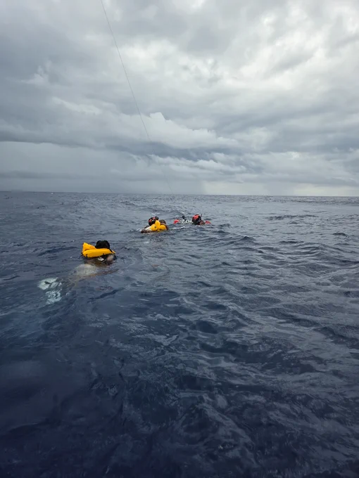 A U.S. Air Force HC-130J Combat King II, HH-60W Jolly Green II helicopter and Pararescuemen assigned to the 920th Rescue Wing conduct rescue operations for survivors of a downed civilian aircraft off the coast of Melbourne, Fla., May 12, 2026. Airmen with the 920th RQW rescued multiple survivors from the water and transported them to awaiting emergency medical personnel. (Courtesy photo by Gwendolyn Kurzen)