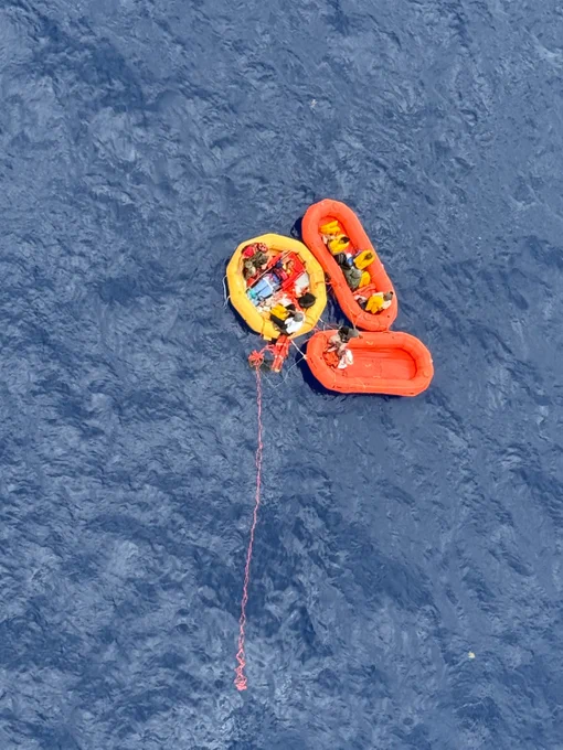 A U.S. Air Force HC-130J Combat King II, HH-60W Jolly Green II helicopter and Pararescuemen assigned to the 920th Rescue Wing conduct rescue operations for survivors of a downed civilian aircraft off the coast of Melbourne, Fla., May 12, 2026. Airmen with the 920th RQW rescued multiple survivors from the water and transported them to awaiting emergency medical personnel. (Courtesy photo by Gwendolyn Kurzen)
