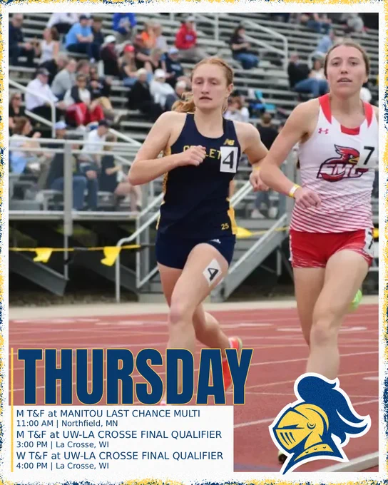 A Carleton track runner races to the finish line. Text on the image displays Thursday's schedule of sporting events. 
