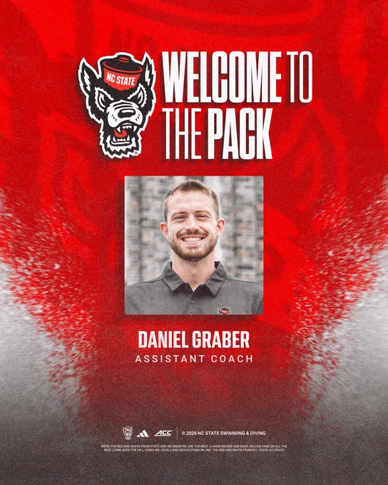 Social media graphic welcoming former Wolfpack swimmer Daniel Graber back to the Pack, this time as new assistant coach.