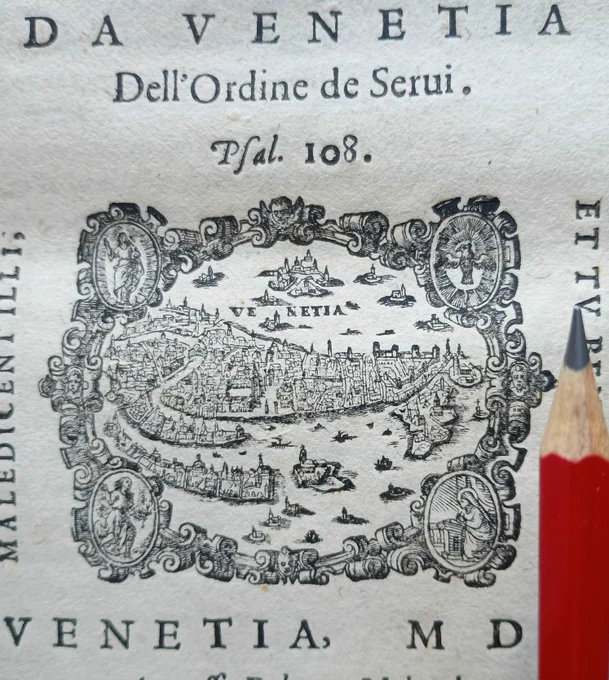 Detail of a title page from 1606 showing map of Venice with a pencil for scale