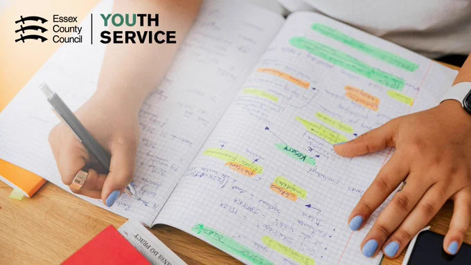 A person's hands writing in a notebook with mind maps and highlighted notes. Essex County Council Youth Service logo.