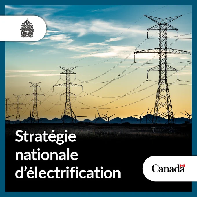 Des silhouettes de pylônes électriques en treillis d’acier et des lignes à haute tension se fondent dans le coucher de soleil, avec en arrière-plan des montagnes et des éoliennes. Texte: Stratégie nationale d’électrification. 