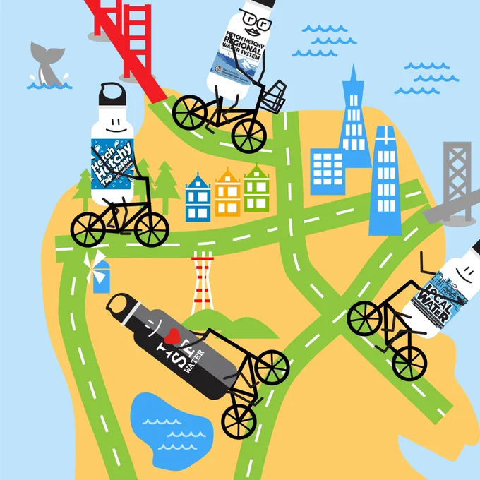 Cartoon map of San Francisco with water bottles riding bicycles near landmarks like the Golden Gate Bridge and city buildings.