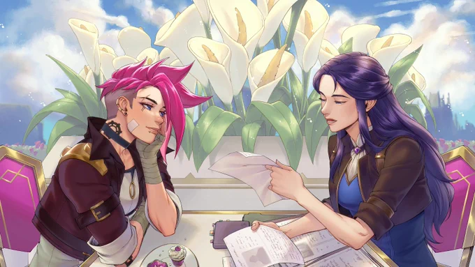 An illustration of Vi and Caitlyn by @kohquette. Caitlyn reads through case files as Vi admires her. They sit across from each other at a cafe table, which holds a plate of cupcakes. A planter of calla lilies fills the background.