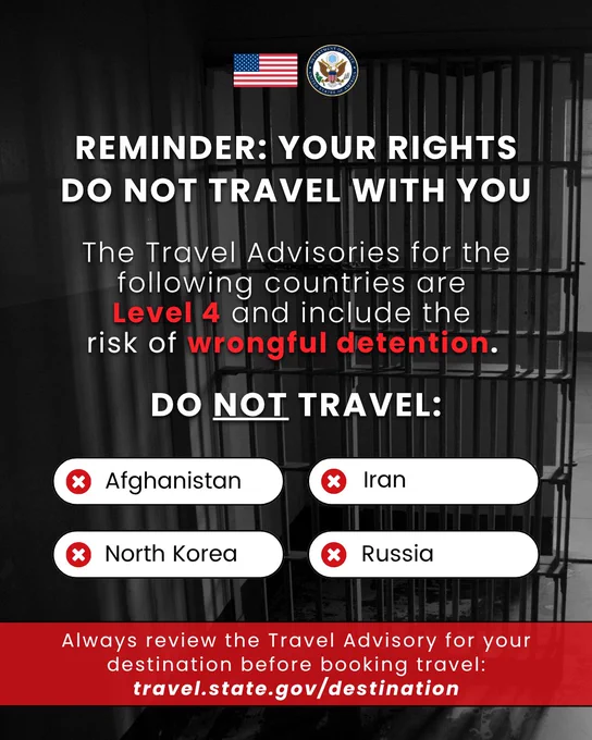 Image of a jail cell with the same text as the caption: “REMINDER: YOUR RIGHTS DO NOT TRAVEL WITH YOU. The Travel Advisories for the following countries are Level 4 and include the risk of wrongful detention. DO NOT TRAVEL: Afghanistan, Iran, North Korea, Russia. Always review the Travel Advisory for your destination before booking travel: travel.state.gov/destination