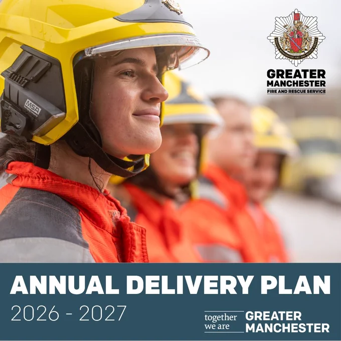 Front cover of GMFRS Annual Delivery Plan 2026-27 showing female firefighter in the foreground looking to the right and smiling with three more firefighters behind her looking the same way.